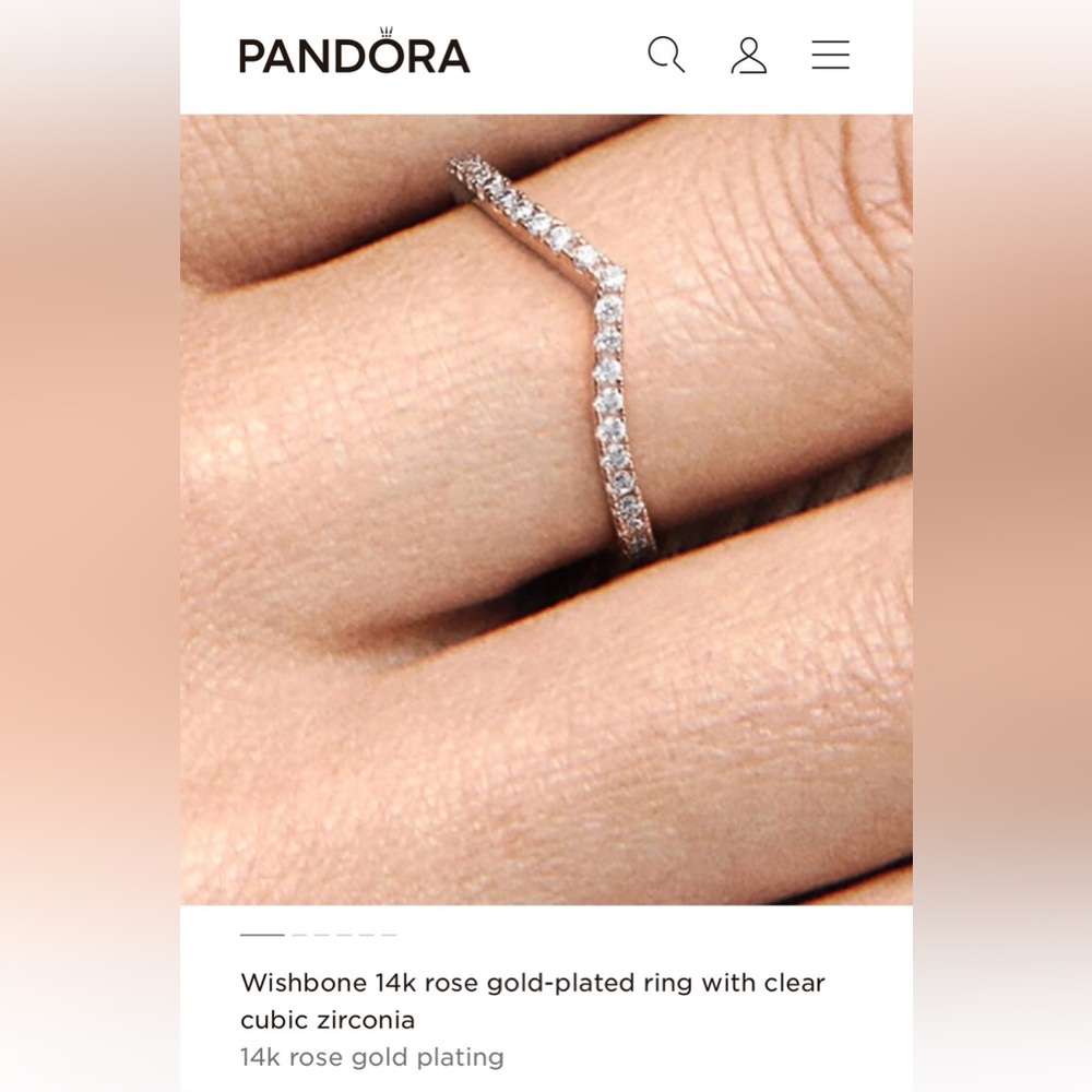 Pandora Wishbone 14k rose gold-plated ring with clear cubic zirconia euro 56